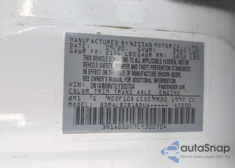 2020 Nissan Sentra S Xtronic Cvt z USA, uszkodzony, nr VIN 3N1AB8BV7LY300704